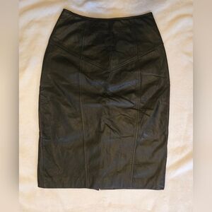 Vintage Pelle Cuir Black 100% Leather Pencil Skirt Lined Slit Moto Rock Chic EUC